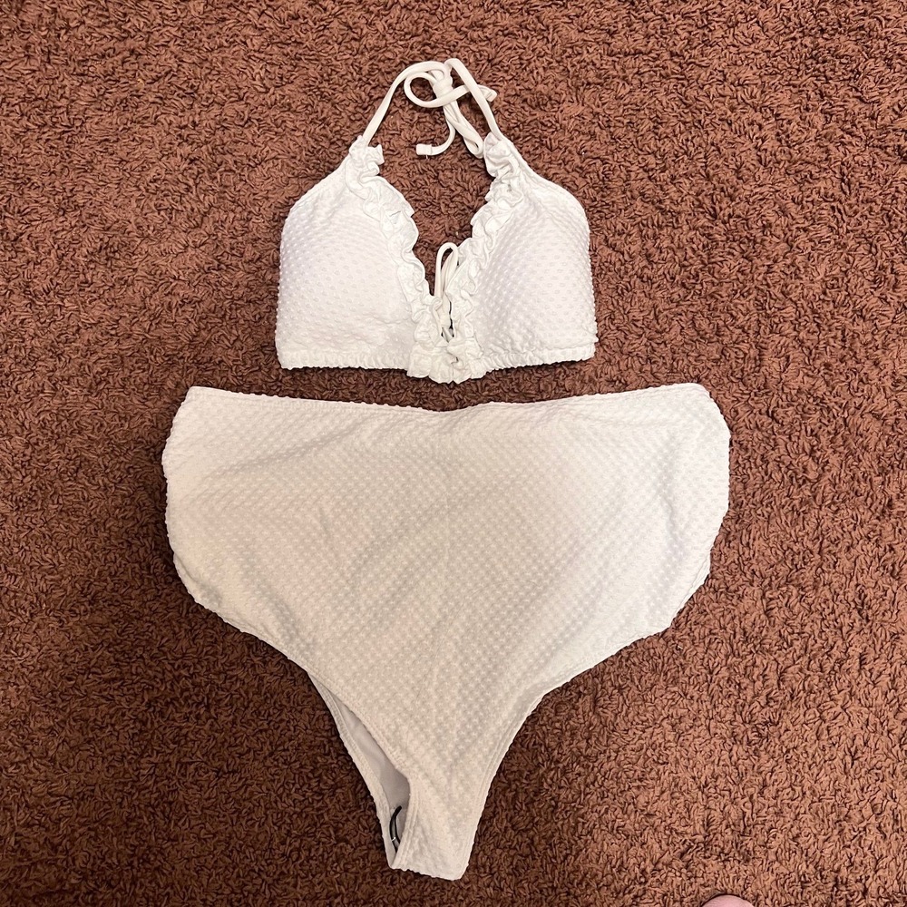 Womens 3 Piece Triangle Halter Bikini‎ Set Ruffle Textured Fabric Size XL White
